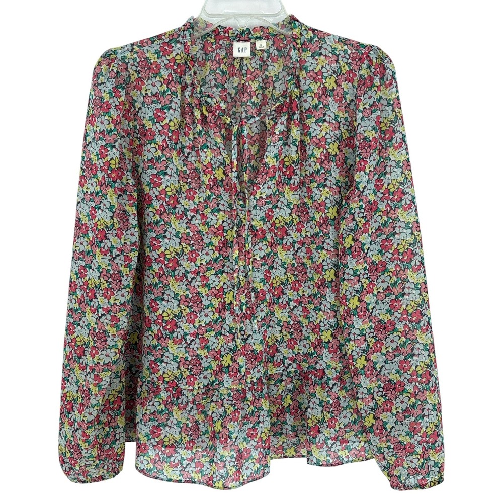Gap Floral Peasant Blouse Women Size M Boho Tie Neck Long Sleeve Cottagecore